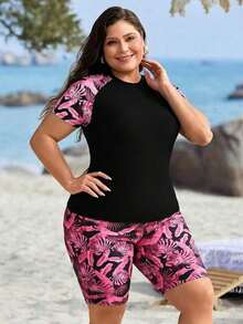Swim Lushoire Tankinis de traje de baño de talla grande para mujer con estampado tropical de plantas para vacaciones de verano en la playa - Rosa 2 - Ver 5