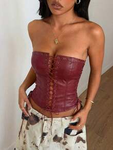 Top corto con tirantes finos y dobladillo con volantes, adecuado para vacaciones en la playa de manera casual - Burdeos - Ver 3