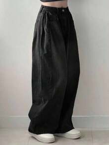 Jeans casuales de bolsillo de ajuste holgado de unicolor para mujer - Negro 2 - Ver 5
