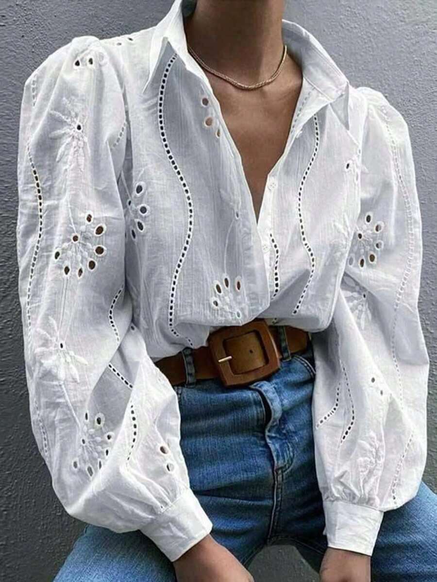 Blusa blanca de mujer, blusa blanca de manga larga con empuñadura de unicolor bordada, adecuada para uso diario, viajes, Día de la Madre, cumpleaños y fiestas en la playa - Blanco - Ver 1