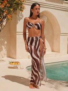 Bonvoyette Conjunto de 3 piezas para mujer de playa de verano, top de bikini con estampado floral de color café con relleno extraíble y aros, shorts + falda, conjunto de traje de baño con hebilla dorada - Multicolor - Ver 2