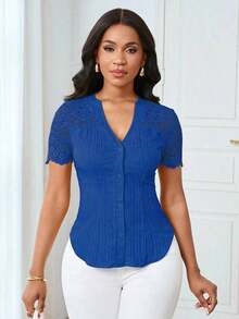 Camisa casual de mujer de unicolor y estilo simple para uso diario, verano - Azul marino - Ver 5