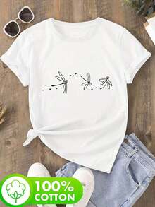 Esta camiseta de algodón puro para mujer presenta un diseño de tres libélulas, lo que la hace perfecta para usar en primavera y verano. Es adecuada para uso casual al salir, hacer ejercicio o ir de vacaciones, y está diseñada para ser suave y cómoda. - Blanco - Ver 3