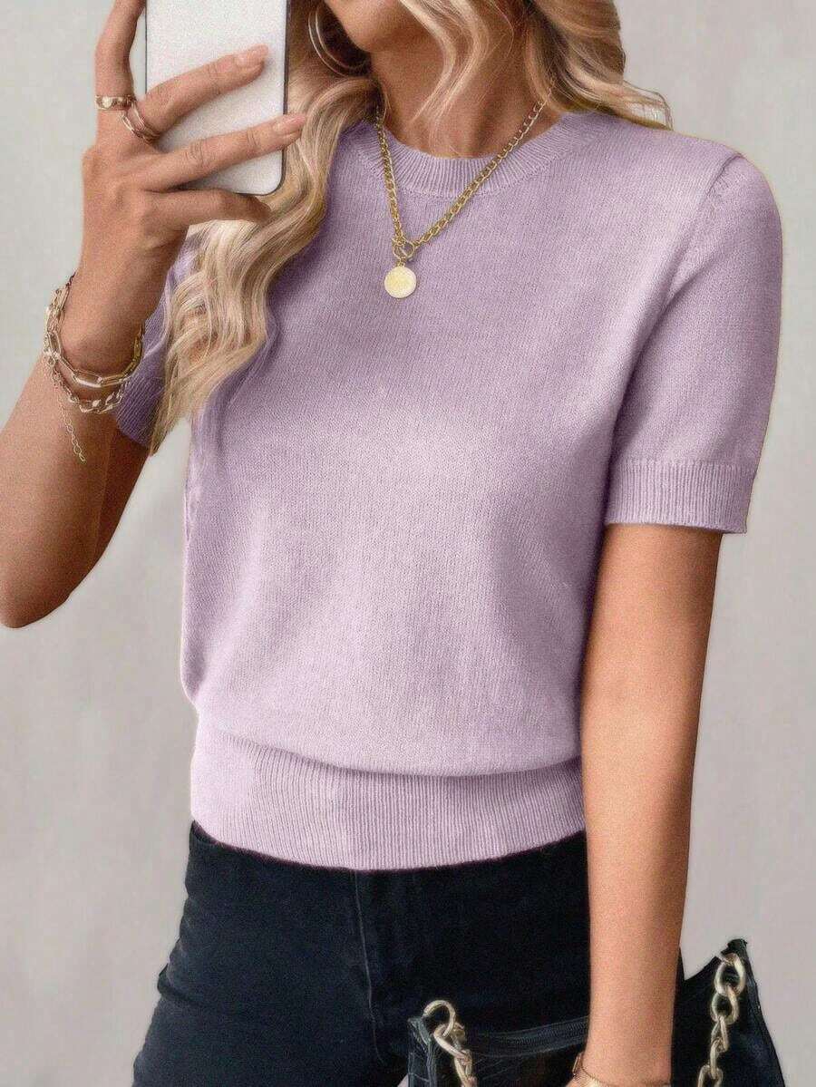 Blusa de punto de manga corta de unicolor y estilo minimalista, para uso diario - Lila Púrpura - Ver 1