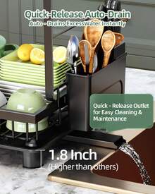 HanTai 2-Tier Dish Rack With Auto-Drain & Mat, Dish Racks For Kitchen Counter, Dish Drainer With Knife, Fork & Cup Rack, Gifts For Women, Mothers Day, Cool Stuff & Kitchen Gadgets - View 7