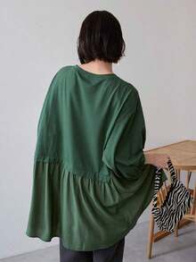 Camiseta de mujer holgada de cuello redondo informal con hombros caídos, camiseta oversize con volantes de verano - Verde - Ver 5