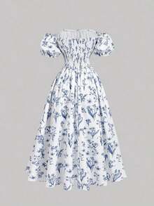 Vestido midi con hombros descubiertos, mangas abullonadas y estampado floral, primavera - Azul y blanco - Ver 6