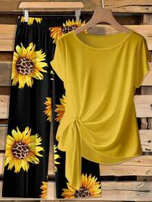 2 piezas Conjunto de camisa amarilla con estampado casual y pantalones con estampado de girasol para mujer - Elegante conjunto romántico retro para primavera/verano, perfecto para vacaciones, boda en una isla tropical, fiesta de damas de honor - Multicolor - Ver 6