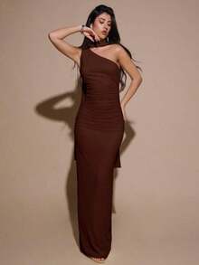 Vestido de malla ajustado con drapeado asimétrico, elegante y sexy vestido de gala para fiesta, boda, cumpleaños, Navidad, Halloween - Amarillo claro - Café integral - Ver 6