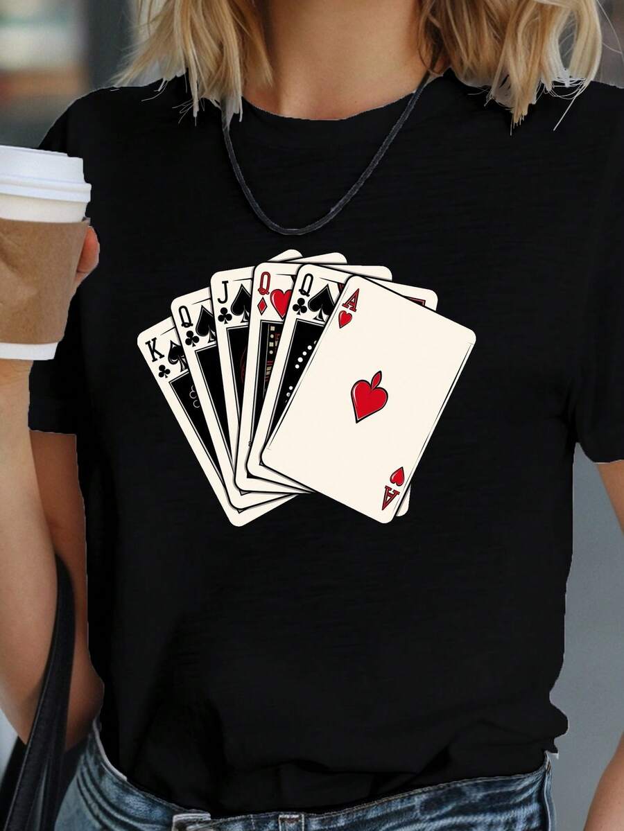 Camiseta de manga corta con estampado y cuello redondo de algodón puro para mujer, camiseta cómoda con diseño dinámico de cartas de juego. - Negro - Ver 1