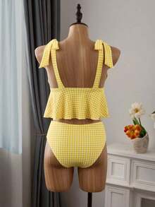 Mod Conjunto de traje de baño de 2 piezas para mujer con top corta de tirantes finos con estampado de cuadros y nudo delantero, y Bottom tipo bikini con cordón en la cintura, para verano - Amarillo - Ver 2