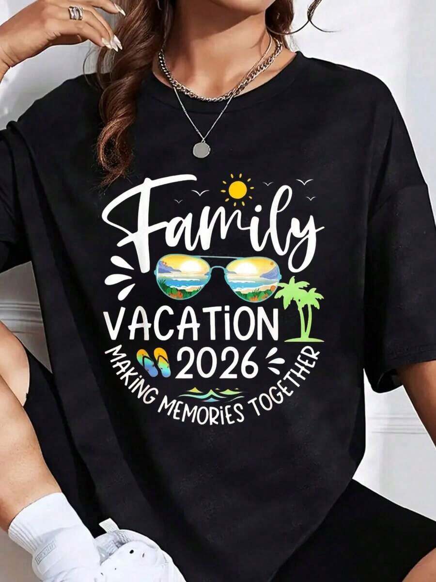 Vacaciones Familiares 2026 Creando Recuerdos Juntos Camiseta de Viaje de Verano para Escapadas Familiares y Viajes a la Playa, Es una Camiseta Perfecta para Regalar a Amigos y Familiares en Cualquier Día Festivo o Ocasión Especial, Ropa de Verano Fresca para Mujer - Negro - Ver 1