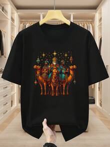 Camiseta de Algodón 100% para Hombres Talla Grande con Estampado de los Tres Reyes - Manga Corta Cuello Redondo Vintage Mítico para Primavera, Verano y Otoño - Ropa Cómoda y Transpirable para Adolescentes y Hombres, TALLA GRANDE - Negro - Ver 2