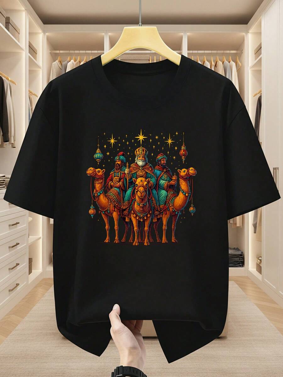 Camiseta de Algodón 100% para Hombres Talla Grande con Estampado de los Tres Reyes - Manga Corta Cuello Redondo Vintage Mítico para Primavera, Verano y Otoño - Ropa Cómoda y Transpirable para Adolescentes y Hombres, TALLA GRANDE