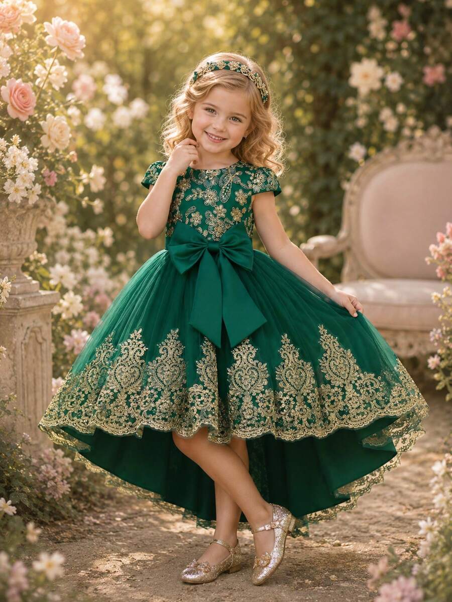 Elegant Sleeveless Embroidered Trailing Luxurious Princess Dress, Puffy Tulle Flower Girl Formal Gown For Party - 綠色 - 查看 1