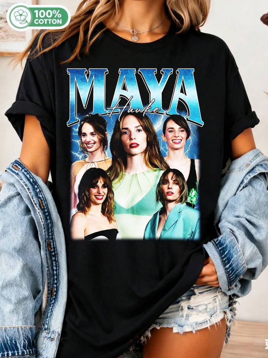 Unisex Maya Hawke Bootleg T-Shirt, Maya Hawke Tribute T-Shirt, Maya Hawke Gift Sweatshirt, T-Shirts For Maya Hawke Fans, Maya Hawke Children's T-Shirt - Black - View 1