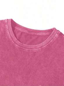 Women's Short-Sleeved Washed Cotton T-Shirt With Round Neck And Minimalist Print, Pretty T-Shirt, Washed T-Shirt, Wrinkle-Resistant Cotton T-Shirt. - 粉色 - 查看 4