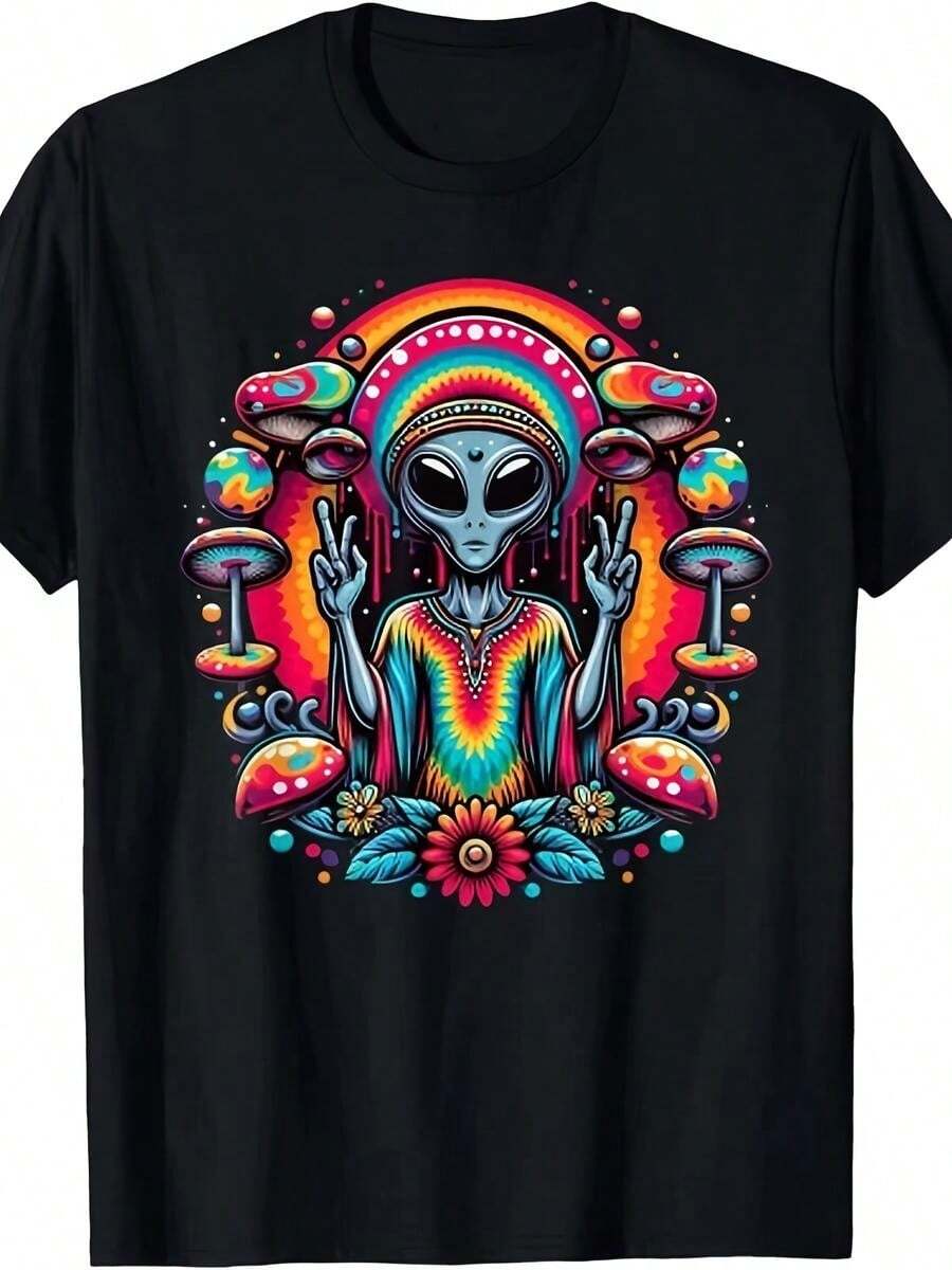 1 pieza clásica y versátil, camiseta de manga corta de algodón puro con estampado humorístico de extraterrestre y gesto de paz para mujeres. Estilo moderno. - Negro - Ver 1