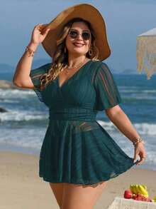 Swim Lushoire Conjunto de bikini de 2 piezas de unicolor con falda de malla para mujer de talla grande, para playa y vacaciones - Verde Oscuro - Ver 5