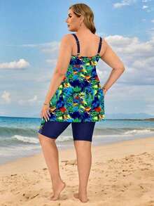 Swim Lushoire Conjunto de tankini de mujer talla grande con estampado de teñido anudado azul y blanco para playa y vacaciones - Multicolor - Ver 2