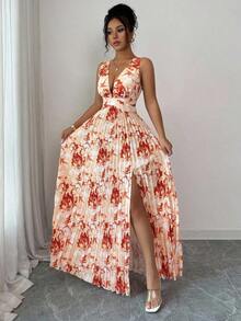Vestido elegante y romántico para mujer con escote en V sin mangas, cintura hueca, plisado en línea A y estampado floral - Multicolor 6 - Ver 6