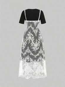 MOD Vestido de manga corta, cuello redondo, ajuste holgado y casual con camiseta interior de encaje, para uso diario, hippie, té, encaje, salir, vestido casual - Blanco y Negro 2 - Ver 2