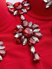 Top camiseta con decoración floral y de strass, estilo Y2K para mujer - Rojo - Ver 4