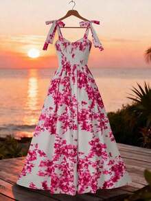 Vestido elegante con estampado floral y hombros con lazo, adecuado para vacaciones - Rosa Fucsia - Ver 2