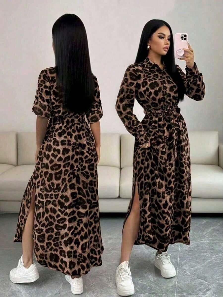 Vestido camisero de mujer con estampado de leopardo y flores, con lazo, abertura, manga larga convertible a manga corta - Caqui - Ver 1