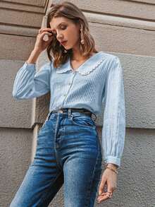 Simplee Blusa de manga abultada con cuello estilo universitario de unicolor, atuendos para maestras, regreso a la escuela en primavera blanco - Azul - Ver 4