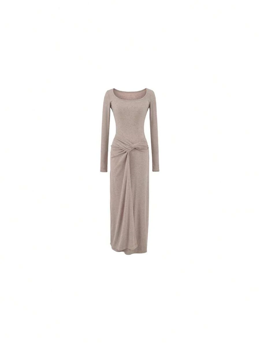 French Style Autumn Maxi Dress 2026, Square Neckline With Front Knot, Long Sleeves, Fitted Waist, Flattering Hip Cut, Chic Style. - 灰色 - 查看 1