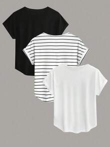Conjunto de tres piezas para mujer con camiseta de manga murciélago de cuello redondo y unicolor y rayas - Multicolor - Ver 2