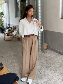 Camisa con botones y hombros caídos, blusas de manga larga, ropa de otoño - Blanco - Ver 3