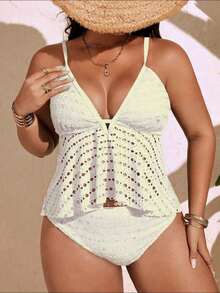 Swim Lushoire Conjunto de tankini de traje de baño de unicolor con diseño calado para mujer de talla grande - Albaricoque - Ver 6