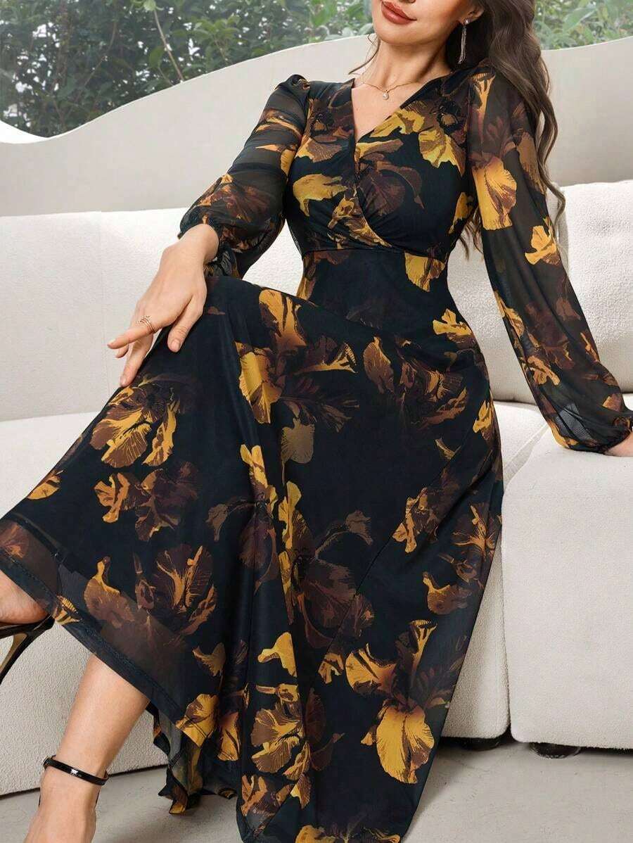 Vestido elegante de manga larga con cuello en V y estampado de bloques de color para mujer - Verde Oscuro 2 - Ver 1