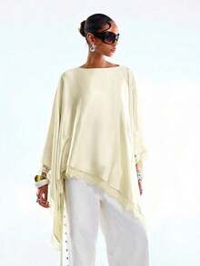Blusa minimalista de primavera/verano 2026 para mujer, elegante para ir al trabajo, de unicolor con ribete de encaje, manga tipo murciélago y bajo asimétrico - Beis - Ver 6