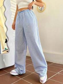 Pantalones rectos con cintura de cordón y rayas para mujer - Azul y blanco - Ver 5