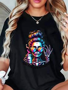 Camiseta Casual de Manga Corta para Mujer - Estampado de Calaveras de Halloween, Lavable a Máquina, Cuello Redondo, Uso Diario y de Halloween, Top con Diseño Festivo, Estampado Brillante, Tela de Elasticidad Media - Negro - Ver 1