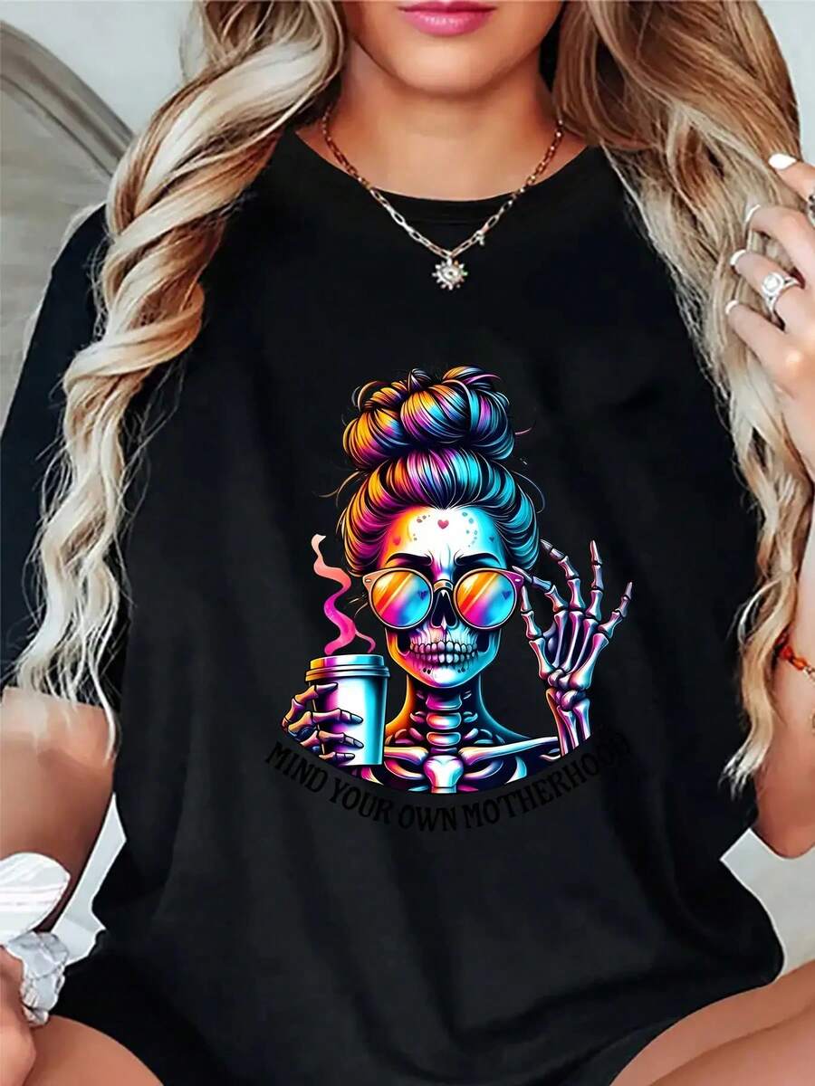 Camiseta Casual de Manga Corta para Mujer - Estampado de Calaveras de Halloween, Lavable a Máquina, Cuello Redondo, Uso Diario y de Halloween, Top con Diseño Festivo, Estampado Brillante, Tela de Elasticidad Media - Negro - Ver 1