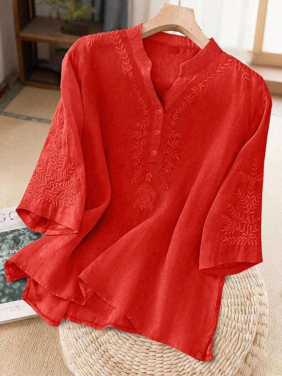 Blusa de lino holgada, informal, con bordado asimétrico de unicolor para primavera y verano para mujer - Rojo - Ver 1