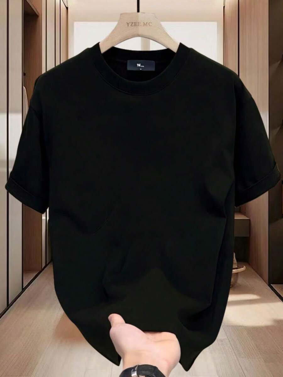 [10% de Descuento]Tienda Outlet: Camiseta de Manga Corta Estilo Americano, Corte Holgado, Cuello Redondo - Negro - Ver 1