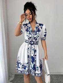 Conjunto de vestido corto de manga corta con cintura ceñida y estampado floral azul y blanco, elegante y romántico para vacaciones, primavera/verano - Multicolor 5 - Ver 11