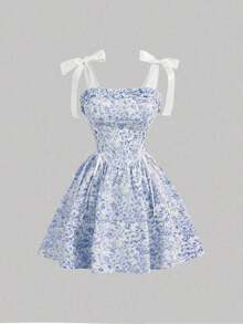 MOD Vestido corto rosado de mujer con estampado floral marrón y cinturón, vestido de patinadora acampanado vintage para graduación y té - Azul - Ver 9