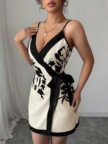 Vestido mini sexy y elegante con cuello en V estilo envolvente y estampado para mujeres - Multicolor - Ver 3