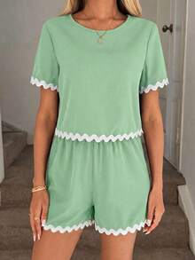 Conjunto de 2 piezas de top de manga corta con cuello redondo a cuadros y shorts casuales para mujer, de verano - Verde - Ver 6