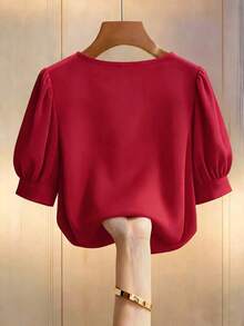 Blusa casual elegante de mujer con cuello redondo en color champán, cuello en V, manga corta abullonada, con adornos de perlas falsas, corte holgado, adecuada para ir a trabajar, elegancia cotidiana.Elegante, casual, atuendo casual para mujer, ro - Rojo - Ver 2