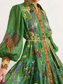 Spring 2026 Maxi Dress, Printed With Open Drawstring And Wide Skirt - Green - View 3