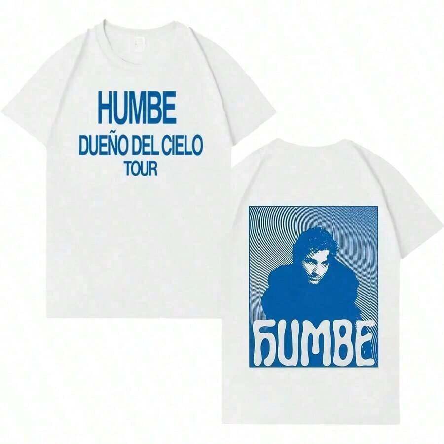 Camiseta de moda con estampado de doble cara de Singer Humbe, camisetas de gran tamaño del tour Dueno Del Cielo para hombres y mujeres. - Blanco - Ver 1