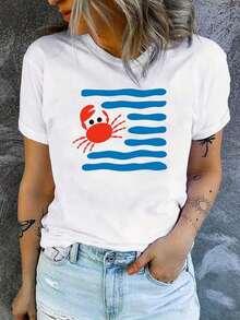 Camiseta de manga corta blanca para mujer, 100% algodón, con estampado de cangrejo rojo y rayas azules - Camiseta casual elegante de playa con estampado de cangrejo, dobladillo simétrico, cuello redondo, lavable a máquina, corte regular, adecuada para primavera, verano y otoño, para uso diario y costero. - Blanco - Ver 5