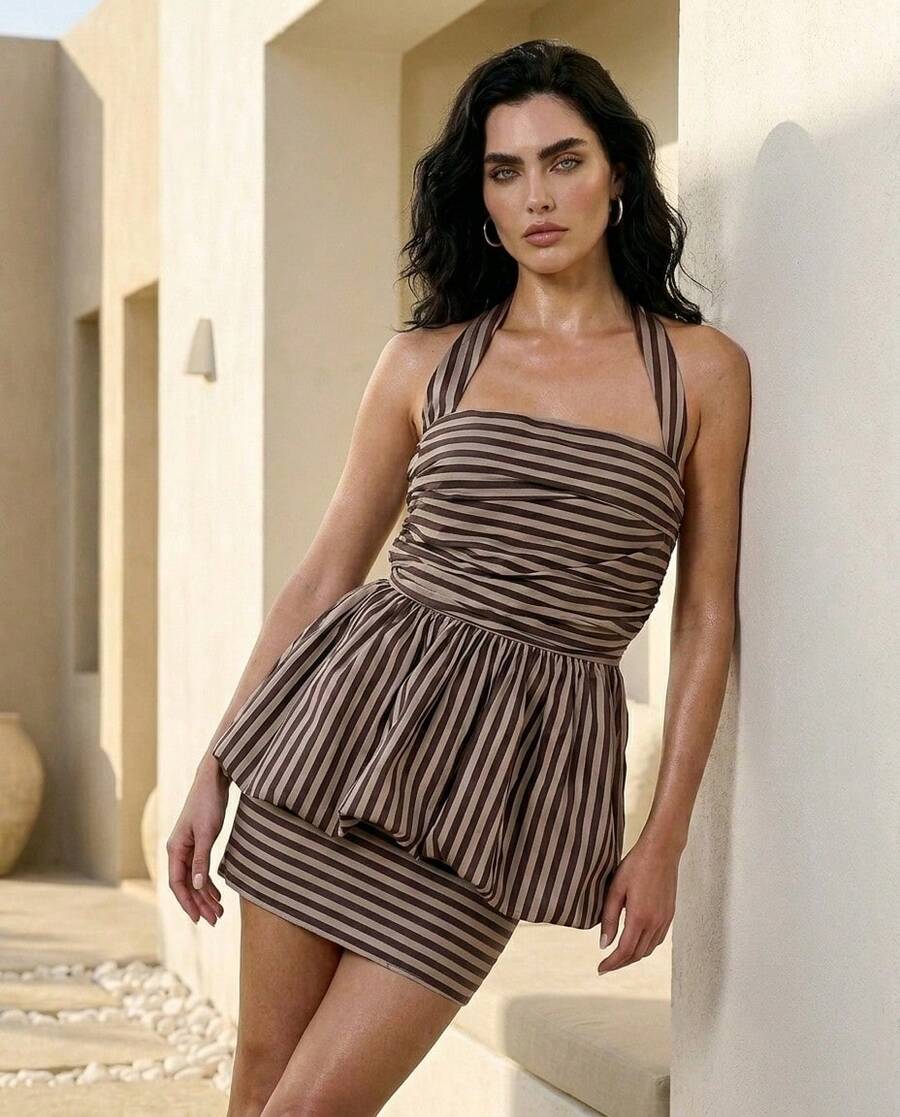 Rouah Puff Ball Mini Dress, Halter Striped Fashion Summer For Women SS26 Golf Pastal Sexy - Multicolor - View 1